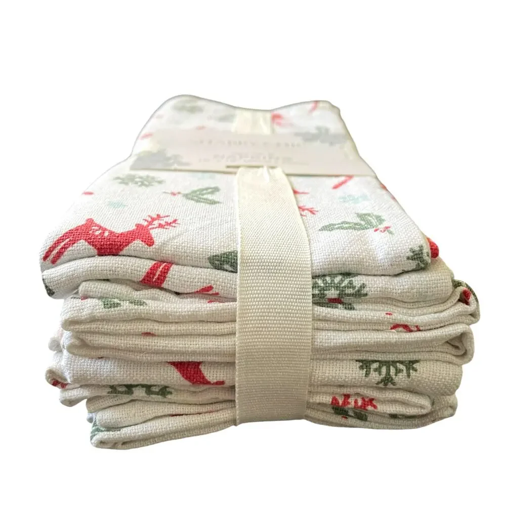 Shabby Chic Christmas Dinner Napkins Set of 6 Reindeer Candy Cane Holly 18x18